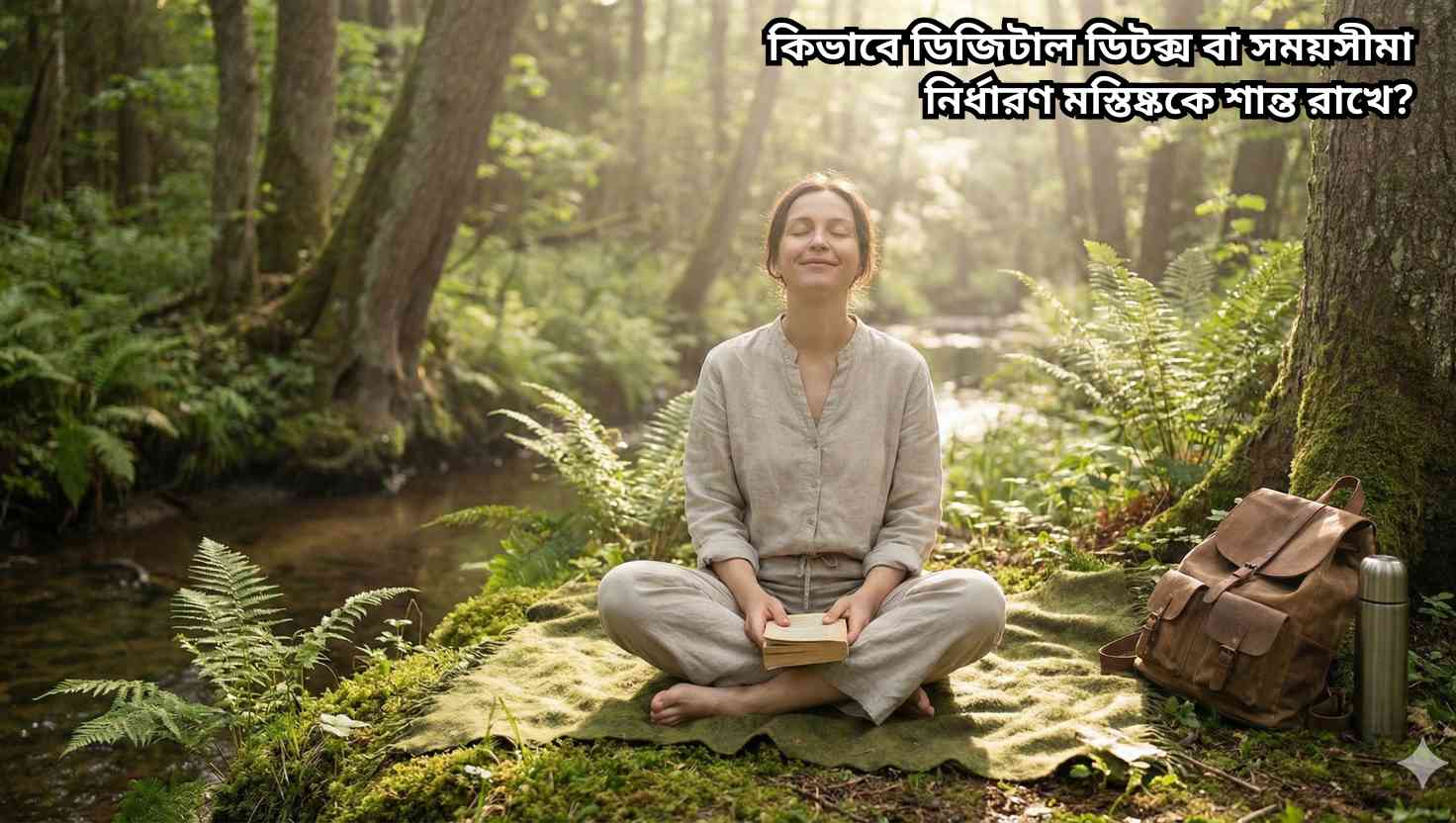 "ডিজিটাল ডিভাইস থেকে বিরতি নিয়ে প্রকৃতিতে শান্ত ও আরামদায়ক অবস্থায় থাকা ব্যক্তি।"