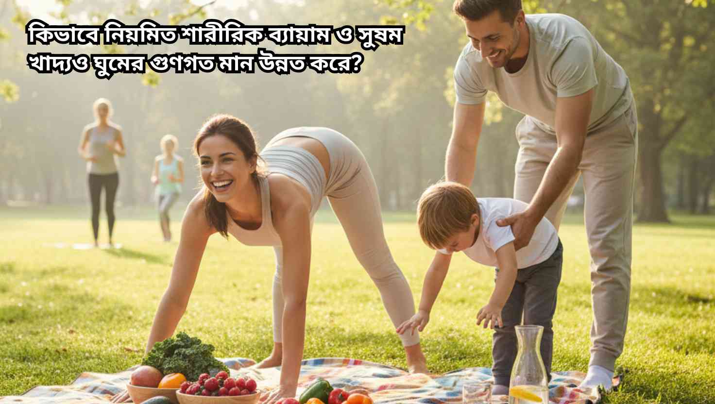 "সকালে পার্কে ব্যায়ামরত একজন ব্যক্তি, পাশে স্বাস্থ্যকর খাবার ও পানীয়, সুস্থ জীবনযাপন এবং ভালো ঘুমের প্রতীক।"