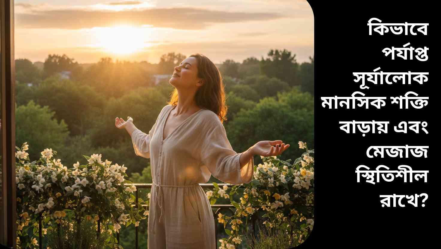 একটি উজ্জ্বল সূর্য এবং বাইরে হাঁটাহাঁটি করছে মানুষ, যা মানসিক শক্তি ও মেজাজ স্থিতিশীল রাখার প্রতীক।