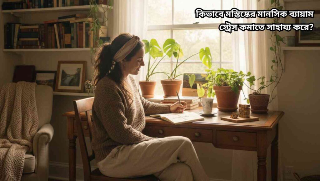 "মানসিক ব্যায়াম করার সময় শান্ত এবং মনোযোগী ব্যক্তি, পরিবেশে প্রশান্তি এবং সুস্থতা প্রতিফলিত হচ্ছে।"