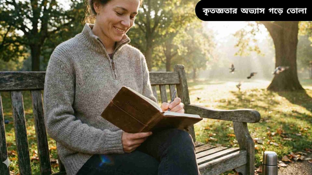"একটি সুন্দর পার্কে বসে কৃতজ্ঞতা জার্নাল লিখছেন একজন ব্যক্তি, শান্তিপূর্ণ এবং মনোযোগী পরিবেশে।"