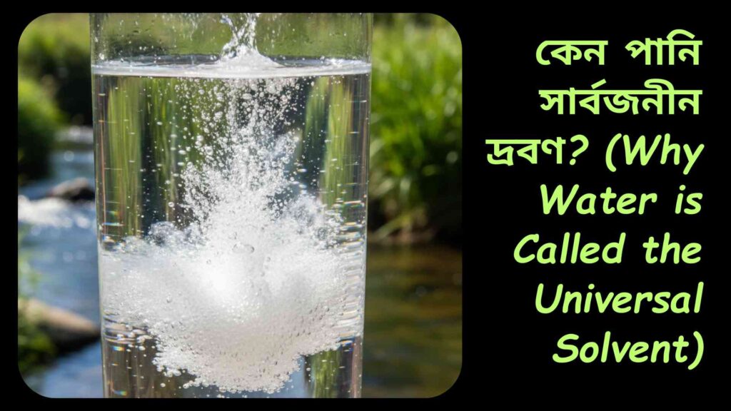 পানি হলো সার্বজনীন দ্রবণ; গ্লাসে লবণ ও চিনি দ্রবীভূত হচ্ছে, নদী ও উদ্ভিদের পটভূমি সহ।