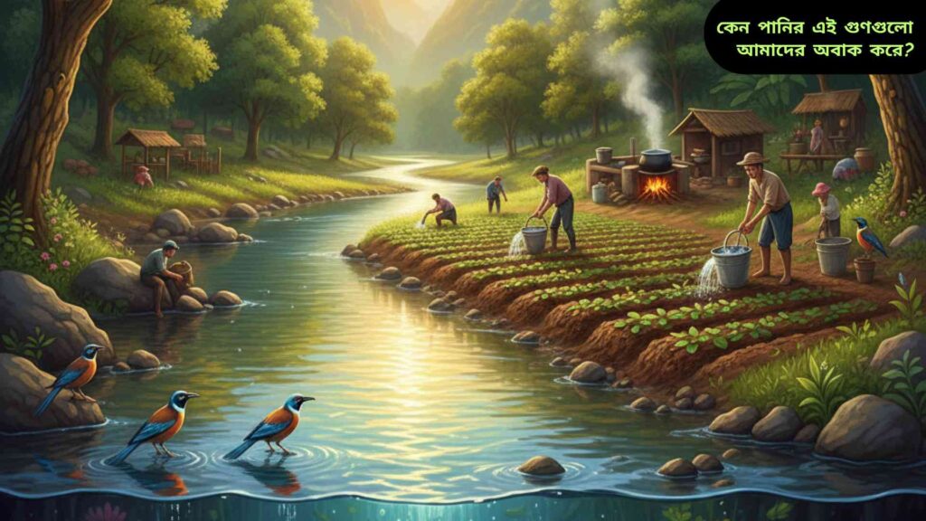 "জীবনের সব স্তরে জল ব্যবহার: নদী, গাছপালা, পাখি, মাছ, কৃষি এবং রান্নায় জল।"