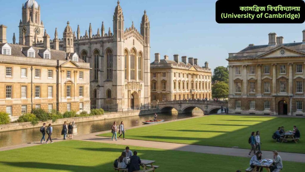 ক্যামব্রিজ বিশ্ববিদ্যালয়ের ক্যাম্পাসের বাস্তবসম্মত ছবি, যেখানে ঐতিহাসিক কলেজ ভবন, সবুজ লন, এবং শিক্ষার্থীরা হাঁটাচলা বা পড়াশোনা করছে।