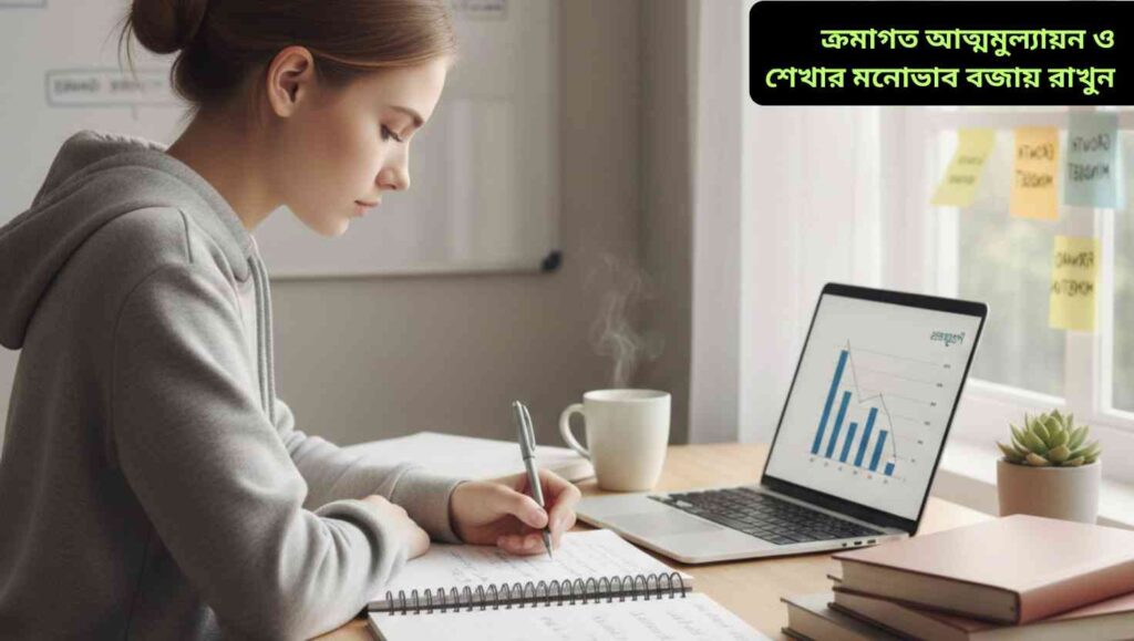 শিক্ষার্থী শান্ত পরিবেশে বসে নিজের অগ্রগতি পর্যালোচনা করছে এবং নতুন শেখার প্রস্তুতি নিচ্ছে—এমন একটি বাস্তবধর্মী স্টাডি দৃশ্য।