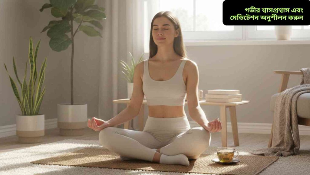 একটি শান্ত এবং আরামদায়ক ঘরে বসে মেয়েটি চোখ বন্ধ করে মেডিটেশন এবং গভীর শ্বাস প্রশ্বাসের মাধ্যমে মানসিক শান্তি অর্জন করছে।