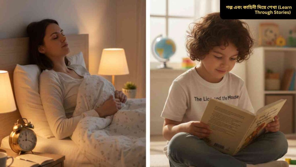 একটি শিশু ইংরেজি শেখার জন্য “The Lion and the Mouse” মতো সহজ গল্পের বই পড়ছে এবং ছবির মাধ্যমে শব্দ ও বাক্য মনে রাখছে।