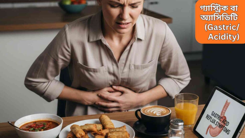 "একজন ব্যক্তি যিনি পেটের উপরের অংশে ব্যথা অনুভব করছেন, টেবিলে মশলাদার এবং তেলযুক্ত খাবার এবং কফির কাপ রয়েছে, গ্যাসট্রিক অ্যাসিডিটির লক্ষণ দেখাচ্ছে।"