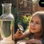 "ঘরে বা বাগানে সূর্যের আলোতে পানি বিশুদ্ধ করার জন্য বোতল রাখা হয়েছে, একজন শিশু বা বড় ব্যক্তি তা পর্যবেক্ষণ করছে।"