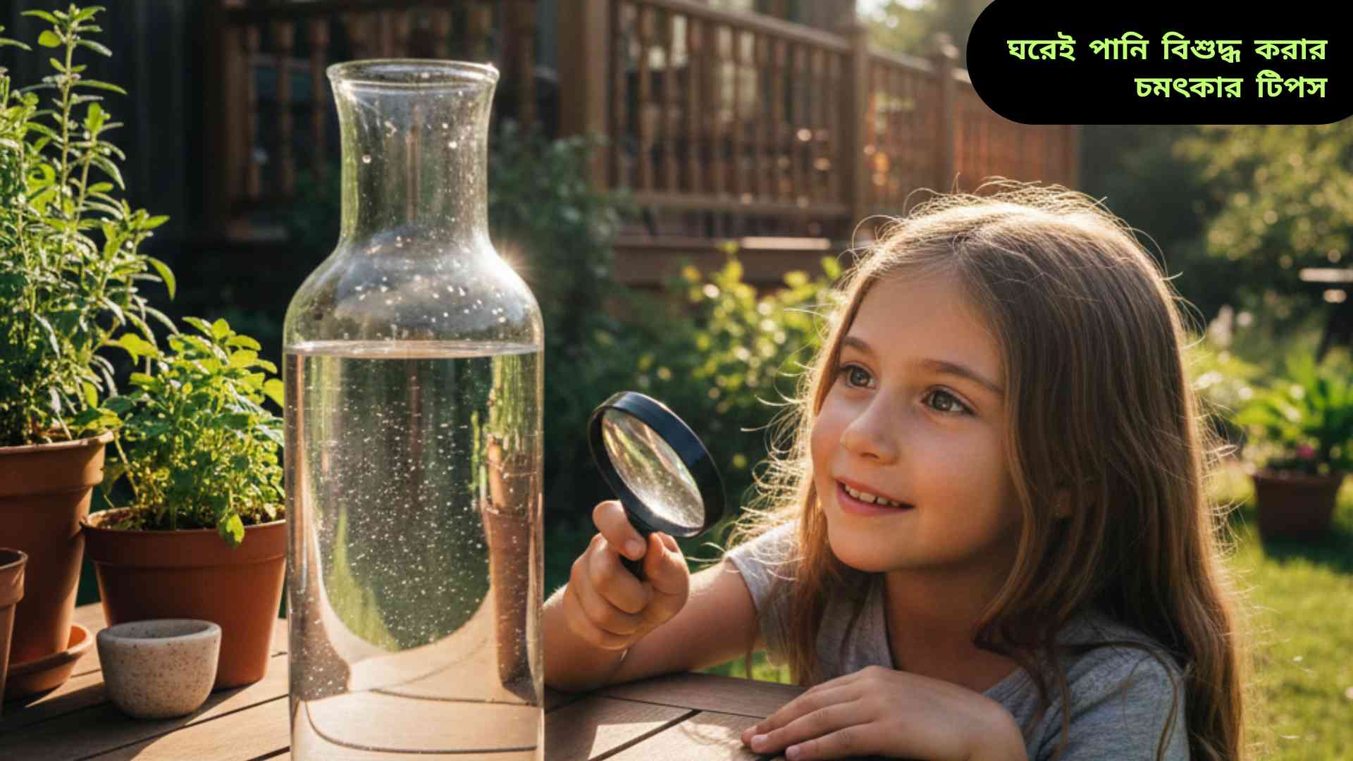 "ঘরে বা বাগানে সূর্যের আলোতে পানি বিশুদ্ধ করার জন্য বোতল রাখা হয়েছে, একজন শিশু বা বড় ব্যক্তি তা পর্যবেক্ষণ করছে।"