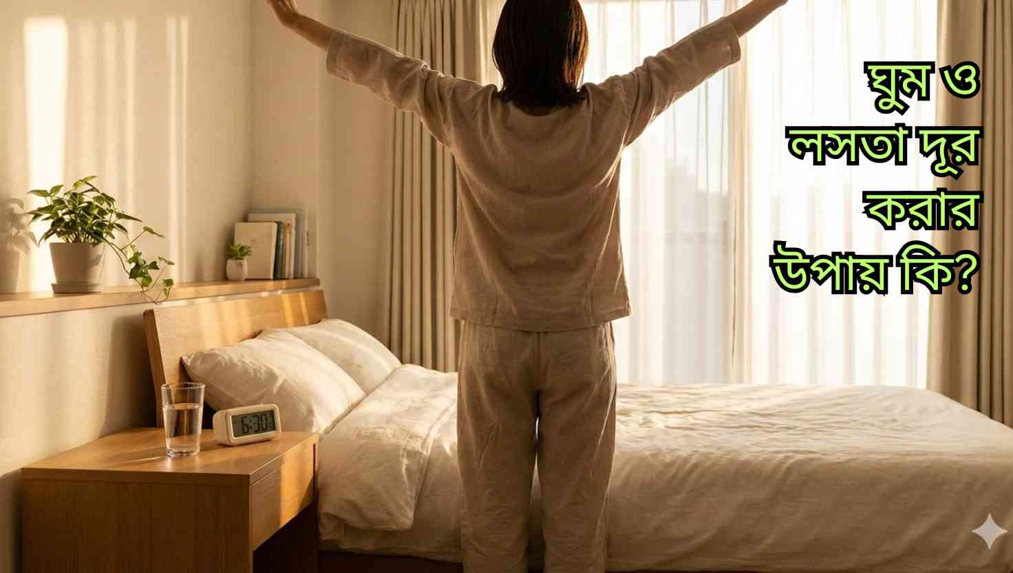 সকালে জেগে সতেজ হয়ে স্ট্রেচ করা একজন মানুষ, সূর্যালোক, পানি এবং পরিচ্ছন্ন ঘরের সাথে, ঘুম ও অলসতা দূর করার প্রতীক।