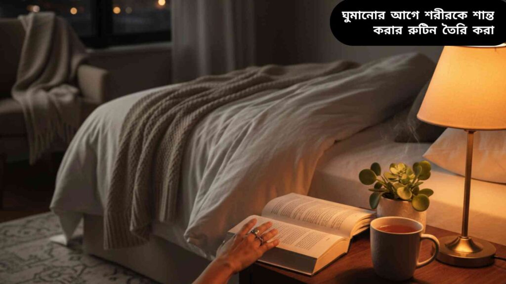 শান্ত ও আরামদায়ক শয়নকক্ষ যেখানে রাতের রুটিন পালন করা হচ্ছে, বই পড়া, নরম আলো এবং শিথিলতার পরিবেশ।