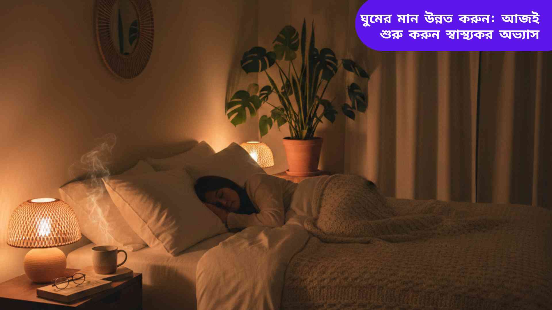 একটি আরামদায়ক শয়নকক্ষে একজন ব্যক্তি শান্তভাবে ঘুমাচ্ছেন, স্বাস্থ্যকর ঘুমের অভ্যাস প্রচার করছে।