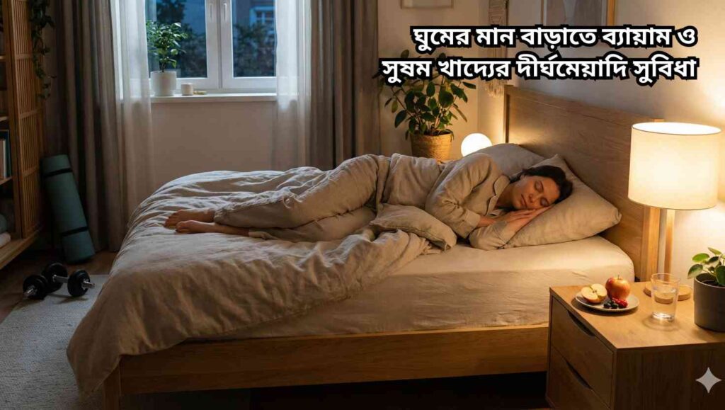 একজন ব্যক্তি শান্তিতে ঘুমাচ্ছে, পাশে সুষম খাদ্য ও ব্যায়ামের চিহ্নসহ, যা সুস্থ জীবন ও ঘুমের গুণমানকে নির্দেশ করে।