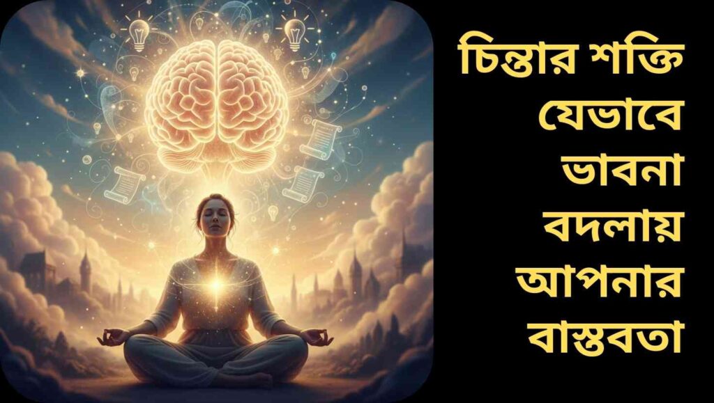 একজন ব্যক্তি গভীর চিন্তায় বসে আছে, মস্তিষ্কে সোনালী আলো এবং চিন্তার জটিলতা দেখা যাচ্ছে, যা মানুষের চিন্তার শক্তি এবং ইতিবাচক ভাবনার প্রভাব বোঝায়।