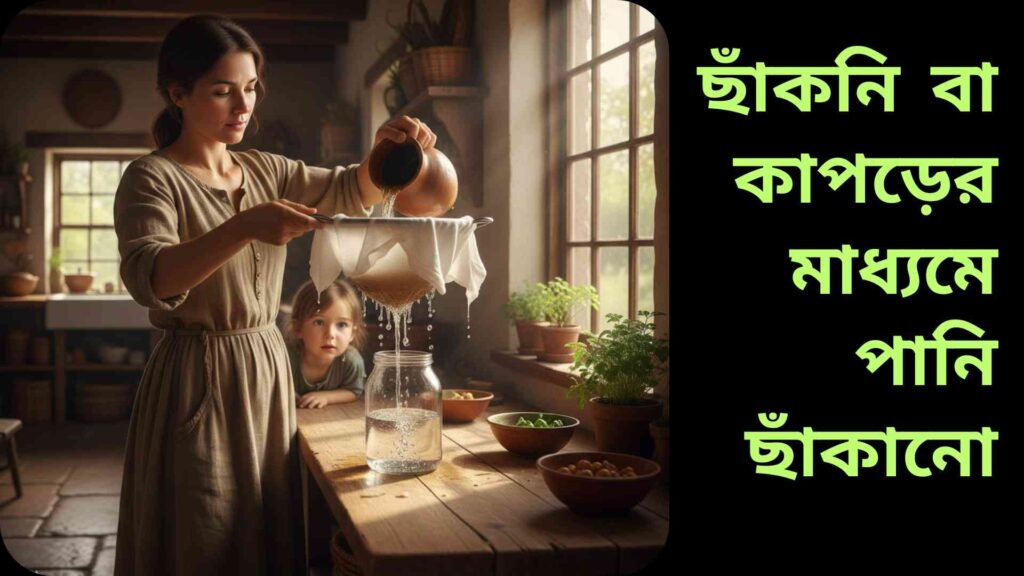 “একটি বাস্তবসম্মত দৃশ্যে মা একটি পরিষ্কার কাপড় এবং ছাঁকনি ব্যবহার করে ঘরে মলিন পানি ছাঁকছেন, পাশে তার সন্তান কৌতূহলভরে দেখছে।”