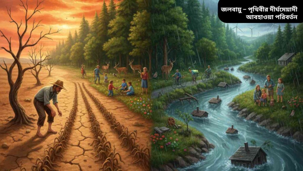 চলমান জলবায়ু পরিবর্তনের প্রভাবের বাস্তবধর্মী চিত্র, যেখানে অতিরিক্ত গরম, খরা, বন্যা এবং ঝড় দেখানো হয়েছে, পাশাপাশি মানুষ গাছ লাগাচ্ছে এবং পরিবেশবান্ধব কাজ করছে।