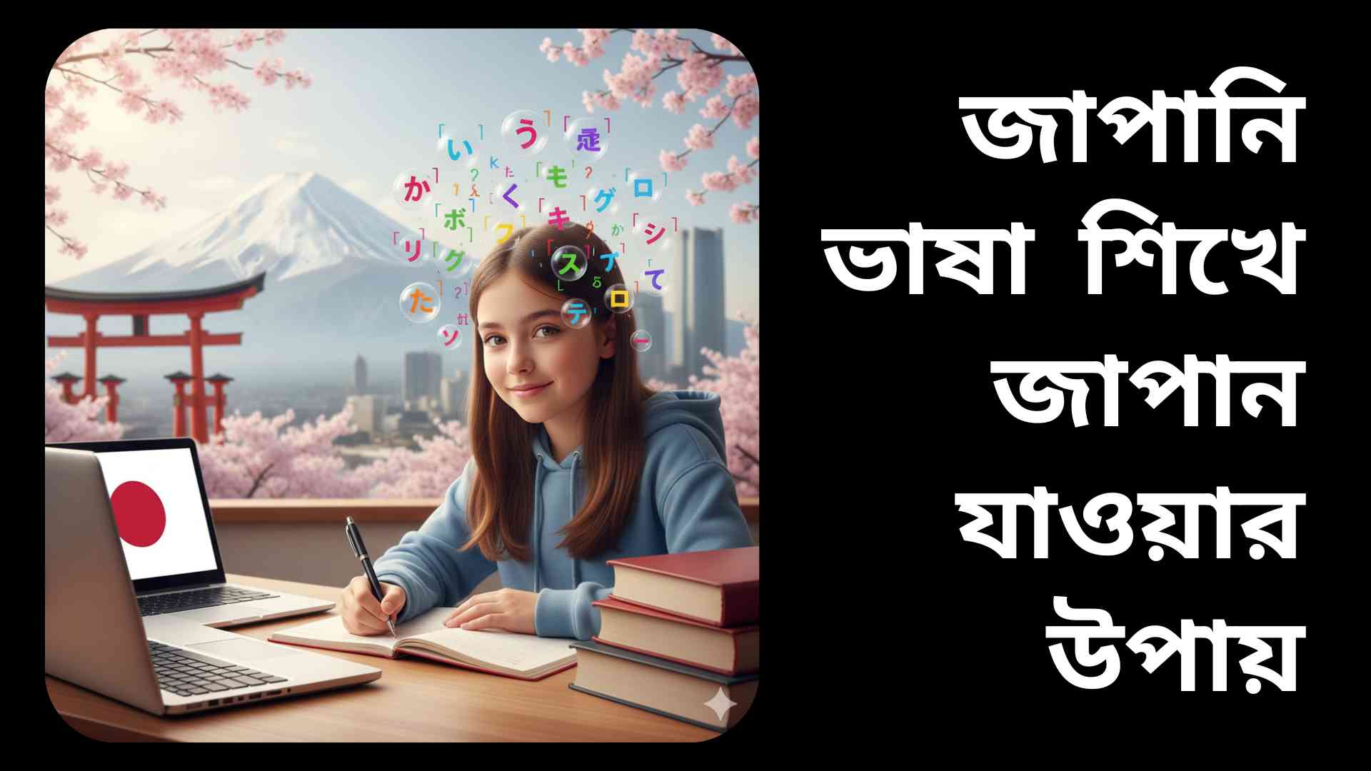 জাপানি ভাষা শেখা ও জাপান যাওয়ার প্রস্তুতি নিচ্ছে এমন এক শিক্ষার্থীর ইলাস্ট্রেশন, চারপাশে হিরাগানা ও কাতাকানা চিহ্ন এবং জাপানের সাংস্কৃতিক উপাদান।