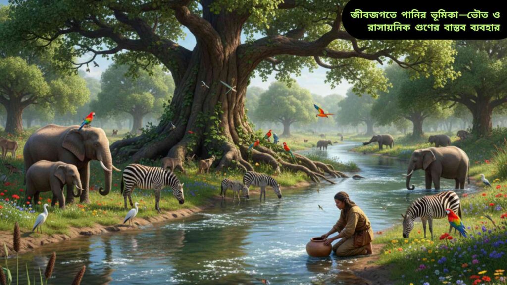 পানি জীবজগতের গুরুত্বপূর্ণ ভূমিকা দেখাচ্ছে, যেখানে নদী, বৃক্ষ, প্রাণী, পাখি এবং মানুষ জীবনের জন্য পানি ব্যবহার করছে।