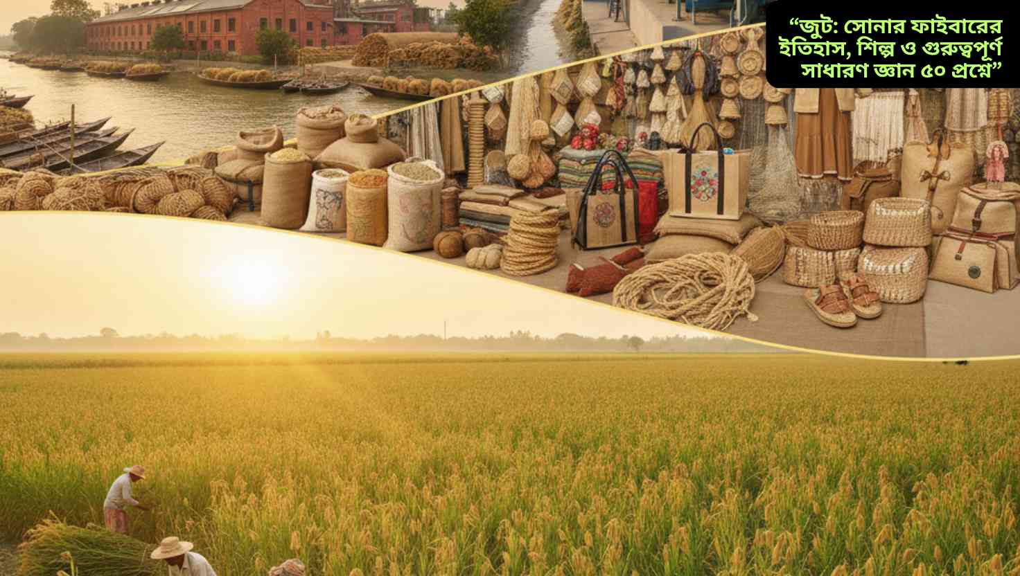 বাংলাদেশের জুট ক্ষেত্র, কৃষক এবং জুট থেকে তৈরি পণ্যগুলোর দৃশ্য; ঐতিহ্যবাহী ও আধুনিক জুট শিল্পের সংমিশ্রণ।