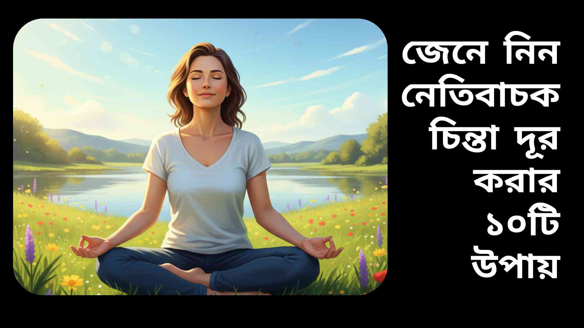 একটি শান্ত পরিবেশে প্রকৃতির মধ্যে ধ্যানরত ব্যক্তি, নেতিবাচক চিন্তা থেকে মুক্তি এবং মানসিক প্রশান্তি উপভোগ করছে।