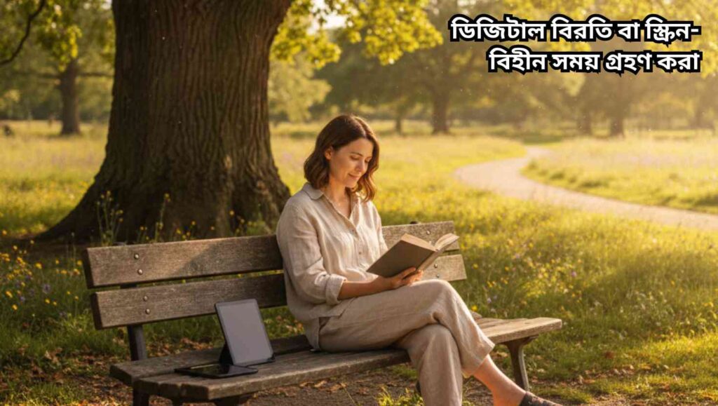 একজন ব্যক্তি পার্কে গাছের ছায়ায় বই পড়ছেন, পাশে মোবাইল ও ট্যাবলেট রাখা, মানসিক শান্তি ও স্ক্রিনফ্রি সময় উপভোগ করছেন।