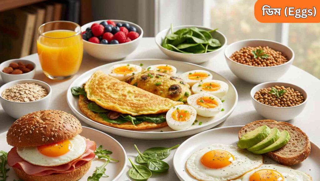 "রক্তশূন্যতা কমাতে সাহায্যকারী ডিম, বিভিন্নভাবে সাজানো যেমন সেদ্ধ, ভাজা, অমলেট ও স্যান্ডউইচ, পুষ্টিকর এবং স্বাস্থ্যকর খাবার।"