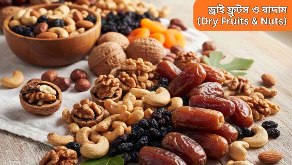 "রোগ প্রতিরোধ ক্ষমতা বৃদ্ধি ও রক্তশূন্যতা দূর করার জন্য বাদাম এবং শুকনো ফলের একটি বাস্তবসম্মত চিত্র, যেখানে কিশমিশ, খেজুর, কাজু ও আখরোট সুন্দরভাবে সাজানো।"