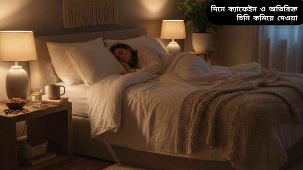 একজন মানুষ শান্তভাবে ঘুমাচ্ছে, পাশের টেবিলে হার্বাল চা, বাদাম এবং পানি রাখা আছে, ঘুমের মান উন্নতির পরিবেশ প্রদর্শন করছে।