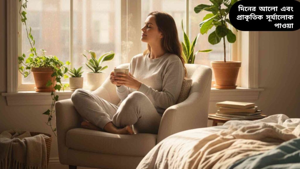"সূর্যালোকের সাথে জানালার কাছে বসে প্রাকৃতিক আলো উপভোগ করছে একটি মানুষ, শান্ত এবং স্বস্তিদায়ক মুহূর্ত।"