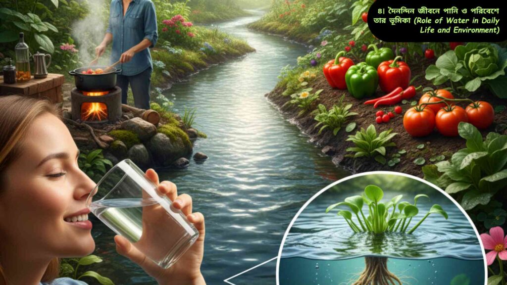 দৈনন্দিন জীবন ও পরিবেশে পানির গুরুত্ব প্রদর্শনকারী বাস্তবচিত্র; পানির মাধ্যমে খাদ্য প্রস্তুতি, উদ্ভিদ, নদী এবং স্বাস্থ্য সংক্রান্ত দৃশ্য।
