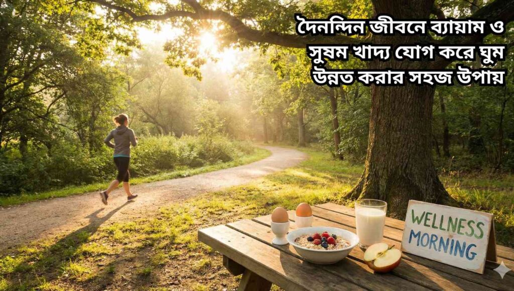 "সুন্দর পার্কে সকালের হাঁটায় ব্যস্ত একজন ব্যক্তি এবং সুষম প্রাতঃরাশের দৃশ্য, যা ভালো ঘুম ও স্বাস্থ্যকর জীবনধারার সঙ্গে সম্পর্কিত।"