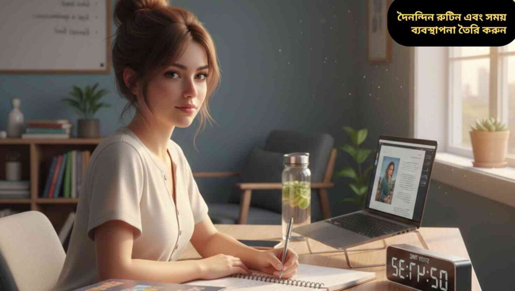 পরিষ্কার এবং সুসংগঠিত ডেস্কে শিক্ষার্থী দৈনিক রুটিন অনুসরণ করে পড়াশোনা করছে।