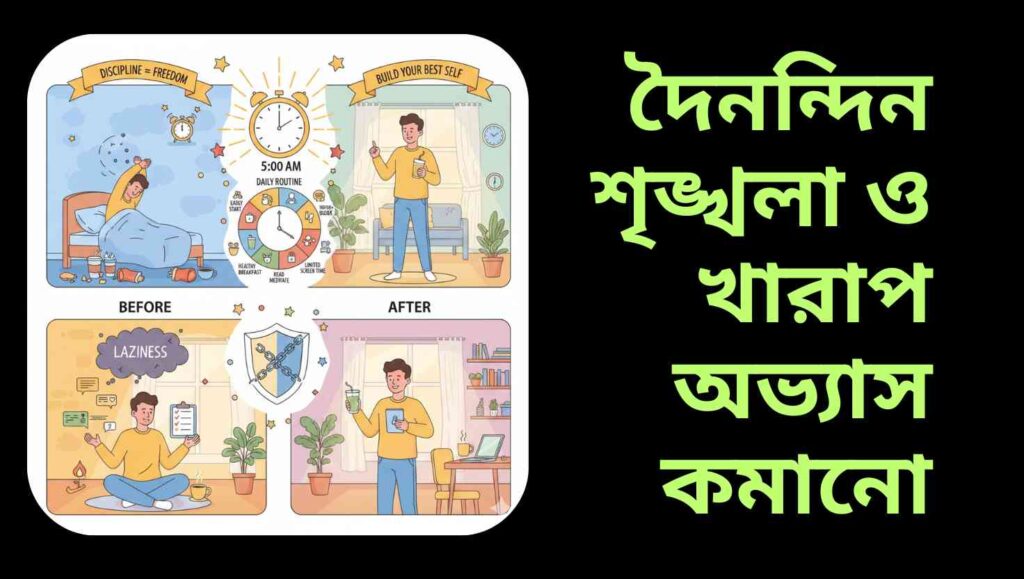 "অলসতা দূর করার জন্য দৈনন্দিন শৃঙ্খলা ও খারাপ অভ্যাস কমানোর চিত্র। একজন মানুষ নিয়মিত রুটিন অনুসরণ করছে, সকালে উঠছে, স্বাস্থ্যকর খাবার খাচ্ছে, ফোন ব্যবহার সীমিত করছে, কাজ সময়মতো সম্পন্ন করছে।"