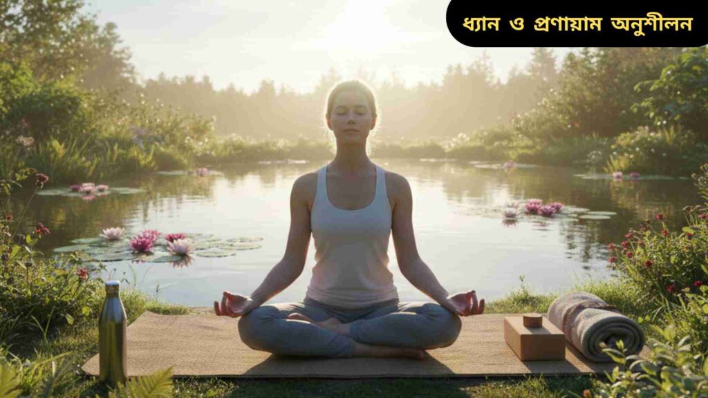 একজন ব্যক্তি প্রাকৃতিক পরিবেশে যোগব্যায়াম এবং ধ্যান করছে, শান্ত ও ফোকাসড মন নিয়ে।