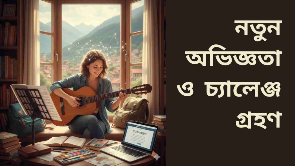 একজন ব্যক্তি নতুন অভিজ্ঞতা গ্রহণ করছেন এবং শেখার কার্যক্রমে অংশ নিচ্ছেন, যা মস্তিষ্কের কার্যক্ষমতা ও সৃজনশীলতা বাড়ায়।