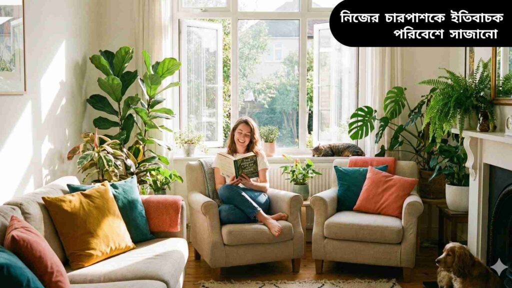 একটি পরিষ্কার ও সুন্দর বসার ঘর যেখানে সূর্যের আলো প্রবাহিত হচ্ছে, গাছপালা ও রঙিন কুশন দিয়ে মন ভালো রাখার পরিবেশ সৃষ্টি করা হয়েছে।