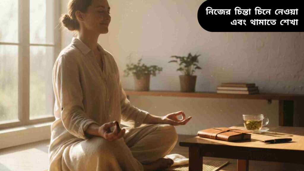 একজন ব্যক্তি শান্তভাবে বসে ধ্যান করছে এবং নিজের চিন্তাগুলো পর্যবেক্ষণ করছে