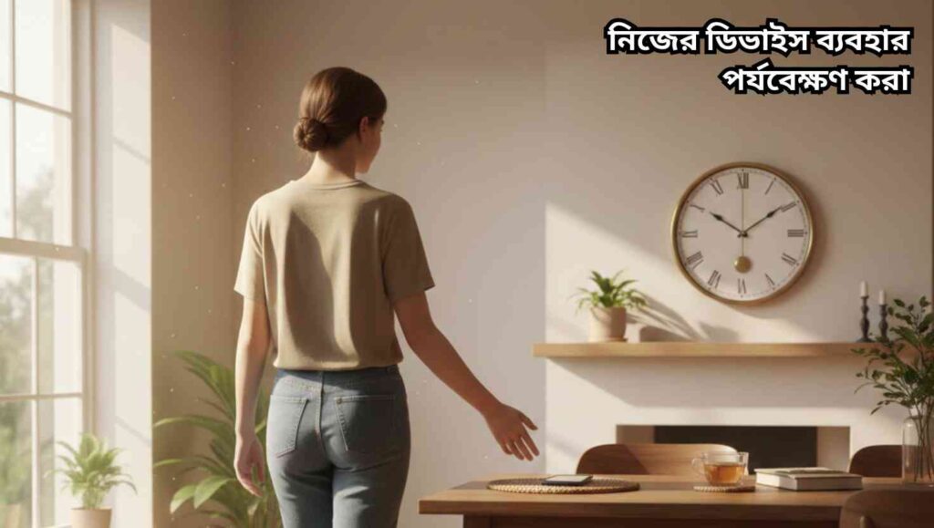 "একজন ব্যক্তি তার স্মার্টফোনটি টেবিলে রেখে হেঁটে যাচ্ছেন, ঘরের ভেতরে শান্ত পরিবেশ, সময় সীমা মানার প্রতীক হিসেবে ঘড়ি পেছনে।"