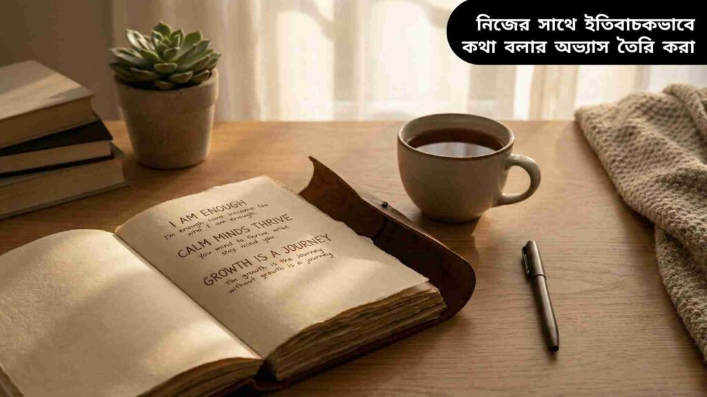 একটি শান্ত ও আরামদায়ক ডেস্ক যেখানে ইতিবাচক আত্ম-সংলাপ লিখা নোটবুক রয়েছে