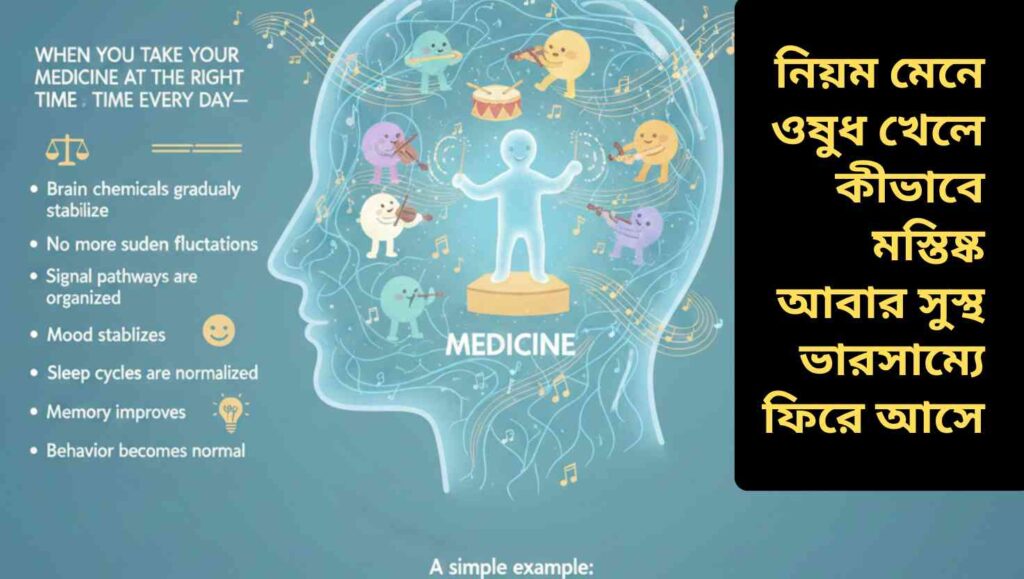 এই চিত্রটি দেখাচ্ছে কিভাবে একজন মানুষের ঘুম, মনোভাব, স্মৃতি এবং আচরণ ওষুধ নিয়মিত না নেওয়ায় ধীরে ধীরে পরিবর্তিত হতে পারে। মস্তিষ্কের রাসায়নিক ভারসাম্য ঠিক রাখতে ওষুধের নিয়মিত গ্রহণ কতটা গুরুত্বপূর্ণ তা এই ছবির মাধ্যমে বোঝানো হয়েছে।