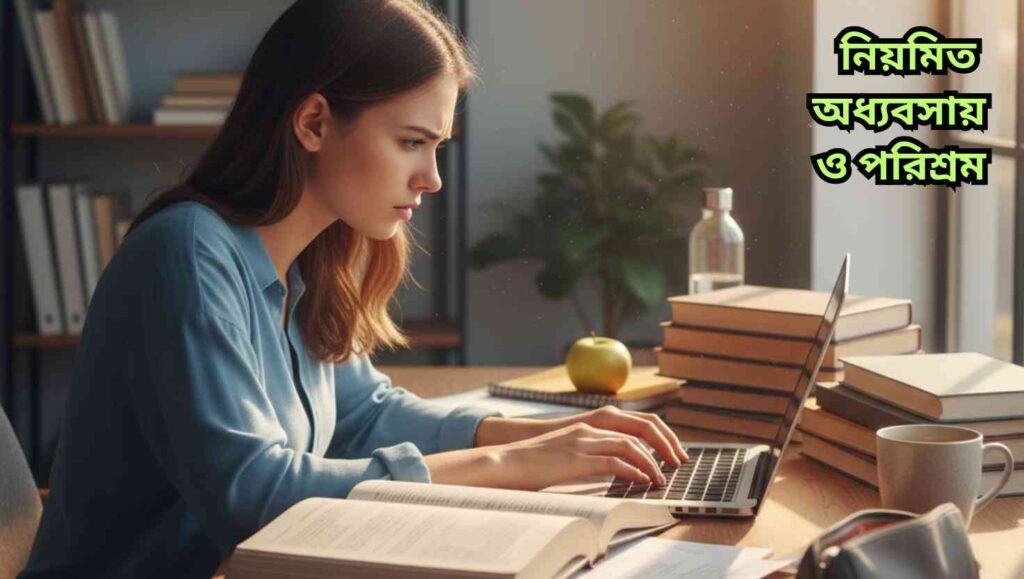 একটি শিক্ষার্থী ডেস্কে বসে বই ও ল্যাপটপের সঙ্গে মনোনিবেশ করে পড়াশোনা করছে।