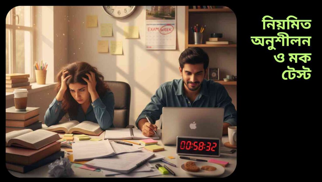 একটি বাস্তবসম্মত চিত্র যেখানে দুইজন ছাত্র-ছাত্রী পরীক্ষা প্রস্তুতি নিচ্ছে; নিশা চাপের মধ্যে এবং তানভির আত্মবিশ্বাসী, টাইমড মক টেস্ট দিচ্ছে।