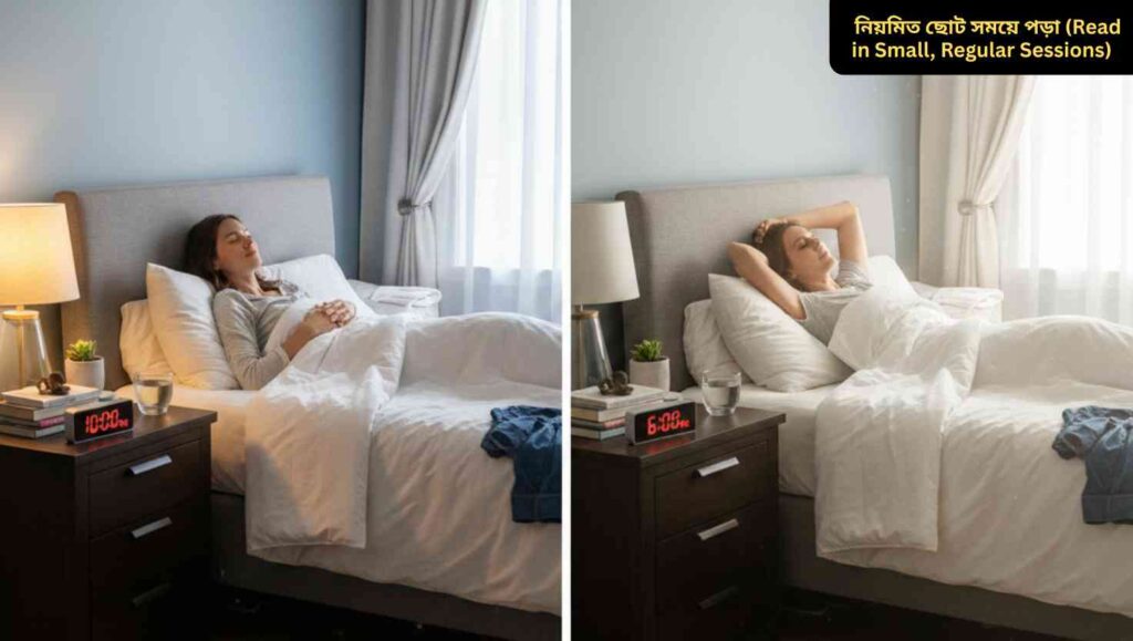 একজন শিক্ষার্থী শান্ত পরিবেশে অল্প সময় নিয়ে পড়ছে, টেবিলে বই ও নোট রাখা, নিয়মিত পড়ার অভ্যাস গড়ে তোলার দৃশ্য