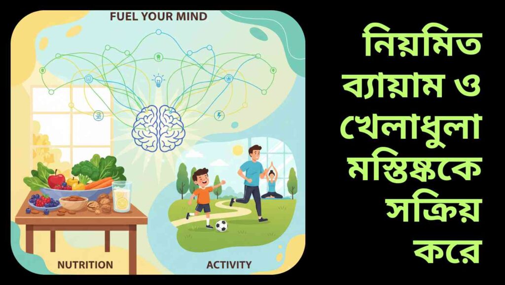 সঠিক খাদ্য এবং নিয়মিত ব্যায়াম মস্তিষ্কের ক্ষমতা বাড়ায়—ফল, সবজি, বাদামসহ স্বাস্থ্যকর খাবার এবং খেলাধুলা ও যোগব্যায়ামরত মানুষদের চিত্র, মস্তিষ্ক সক্রিয় ও উজ্জ্বল।
