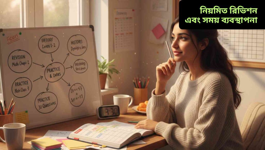 "একজন শিক্ষার্থী তার ডেক্সে বই, নোটবুক, চার্ট ও ফ্ল্যাশকার্ড নিয়ে মনোযোগ দিয়ে পড়ছে, পাশে ঘড়ি ও মন ম্যাপ দেখা যাচ্ছে।"