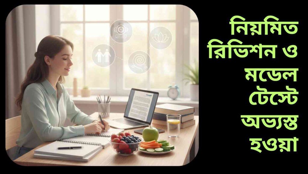 "একটি সুস্থ ও মনোযোগী ছাত্র বই পড়ছে, পাশে পানি, ফলমূল ও ঘড়ি। শান্তিপূর্ণ পরিবেশে স্বাস্থ্যকর জীবনযাপন ও আত্মবিশ্বাস প্রদর্শিত।"