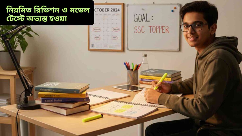 "একটি সুসংগঠিত পড়াশোনার ডেস্ক, যেখানে বই, নোটবই এবং স্টেশনারি সাজানো। ছাত্রটি আত্মবিশ্বাসী মনোযোগ দিয়ে নোট রিভাইজ করছে। দেওয়ালে পড়াশোনার সময়সূচি এবং ঘড়ি দিয়ে পরীক্ষার প্রস্তুতির চিত্র।"