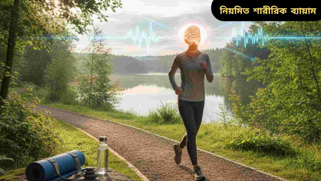 নিয়মিত শারীরিক ব্যায়ামরত একজন ব্যক্তির ছবি, যেখানে সকালের আলো ও প্রাকৃতিক পরিবেশে দৌড়ানো বা হালকা ব্যায়ামের মাধ্যমে স্বাস্থ্য রক্ষার গুরুত্ব তুলে ধরা হয়েছে।