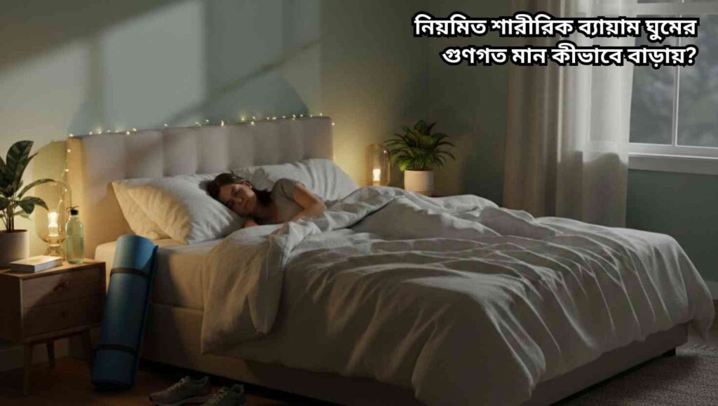"একজন ব্যক্তি শান্তিপূর্ণভাবে ঘুমাচ্ছে, পাশে ব্যায়ামের জুতা এবং ইয়োগা ম্যাট রাখা আছে, যা নিয়মিত শারীরিক ব্যায়ামের প্রভাব নির্দেশ করে।"